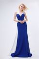 Sheath Round Neck Royal Blue Chiffon Beaded Prom Dress With White Train