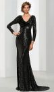 Sheath Scoop Cowl Neck Full Back Long Sleeve Black Sequin Evening Dress