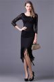 Sheath Scoop Neck High Low Black Jersey Fringe Lace Sleeve Party Prom Dress