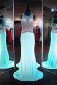 Sheath Scoop Neck Long Aqua Jersey Tulle Beaded Prom Dress