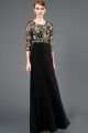 Sheath Scoop Neck Long Black Chiffon Gold Lace Evening Prom Dress With Three Quarter Sleeves