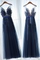 Sheath Scoop Neck Long Navy Tulle Lace See Through Prom Dress With Sash