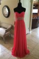 Sheath Sweetheart Long Watermelon Chiffon Ruched Prom Dress With Rhinestones Beading