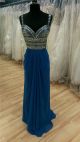 Sheath Sweetheart Low Back Long Teal Blue Chiffon Beaded Prom Dress With Straps