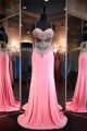 Sheath Sweetheart Pink Chiffon Beaded See Through Prom Dress With Spaghetti Straps