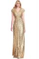 Sheath V Neck Cap Sleeve Full Back Gold Sequin Evening Prom Dress