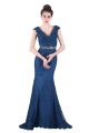 Sheath V Neck Cap Sleeve Long Navy Blue Lace Beaded Evening Prom Dress