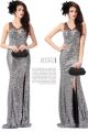 Sheath V Neck Cut Out Back High Slit Silver Sequin Evening Prom Dress