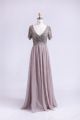 Sheath V Neck Long Gray Lace Chiffon Occasion Prom Dress With Sleeves