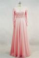 Sheath V Neck Long Sleeve Blush Pink Chiffon Beaded Prom Dress