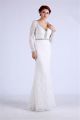 Sheath V Neck Open Back Long Sleeve White Lace Beaded Evening Prom Dress