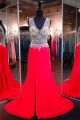 Sheath V Neck Side Slit Long Red Chiffon Tulle Beaded See Through Prom Dress