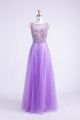 Sheathe Bateau Neckline Sleeveless Long Lilac Tulle Beaded Prom Dress