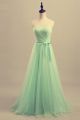 Simple A Line Strapless Long Mint Green Tulle Ruched Prom Dress With Sash