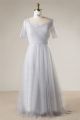 Simple A Line Sweetheart Silver Tulle Plus Size Bridesmaid Prom Dress With Sleeves