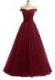 Simple Ball Gown Off The Shoulder Burgundy Tulle Corset Prom Dress