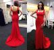 Simple Fitted Square Neck Long Red Jersey Evening Prom Dress With Straps