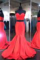 Simple Mermaid Sweetheart Two Piece Red Satin Formal Occasion Prom Dress