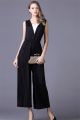 Simple V Neck Ankle Length Black Jersey Special Occasion Evening Party Jumpsuit