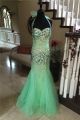 Sparkly Mermaid Sweetheart Halter Mint Green Tulle Beaded Prom Dress