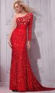 Sparkly One Shoulder Long Sleeve Red Sequin Crystal Evening Prom Dress