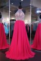 Stunning A Line Halter Long Hot Pink Chiffon Tulle Beaded Prom Dress