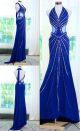 Stunning Mermaid Halter Backless Side CutOuts Royal Blue Chiffon Beaded Evening Prom Dress