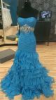 Stunning Mermaid Strapless Blue Organza Ruffle Rhinestone Beaded Prom Dress