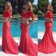 Stunning Mermaid V Neck Short Sleeve Two Piece Red Lace Beaded Prom Dress