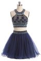 Stunning Two Piece Halter Short Navy Tulle Beaded Prom Dress