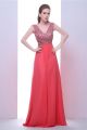 Stunning V Neck Cap Sleeve Long Watermelon Chiffon Beaded Prom Dress
