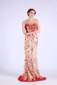 Unique Illusion Neckline Champagne Tulle Red Flower Beaded Prom Dress