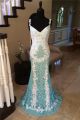 Unique Sweetheart Backless Blue And White Lace Prom Dress With Straps