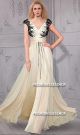 V Neck Cap Sleeve Cream Chiffon Black Beaded Evening Prom Dress