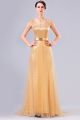 V Neck Cap Sleeve Long Gold Sequin Tulle Sparkly Evening Prom Dress