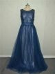 A Line Sleeveless Plus Size Prom Dress Boat Neck Long Navy Tulle Beaded