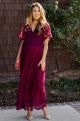 A Line V Neck Short Sleeves Empire Waist Burgundy Lace Pregnant Prom Casual Midi Women Dress