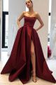 Elegant Burgundy Ball Gown Prom Party Dress Sleeveless Side Slit With Belt