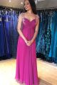 Charming Long A Line Hot Pink Chiffon Appliques Beaded Prom Party Dress Queen Anne Neckline Sheer Back
