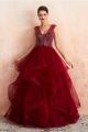 Beaded Ball Gown Prom Evening Dress Illusion Neck Cap Sleeves Sheer Back Red Tulle Ruffles