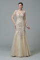 Beaded Mermaid Prom Party Dress High Neck Long Sleeves Sheer Back Champagne Lace Tulle