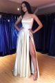 Beautiful Long A Line Champagne Prom Evening Dress Square Neckline With Straps And Slit