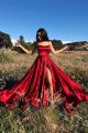 Beautiful Long A Line Red Prom Evening Dress Square Neckline With Straps And Slit