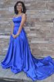 Beautiful Long A Line Royal Blue Prom Evening Dress Square Neckline With Straps And Slit