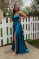 Beautiful Long A Line Teal Prom Evening Dress Square Neckline With Straps And Slit