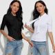 Black Women T-shirts Office Wear Slim Crop Top Half Sleeve Autumn Basic Tees With Necktie