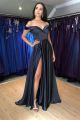 Bohemian Long A Line Navy Blue Prom Party Dress Off The Shoulder With Slit3