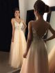 Boho Chic Beaded Long A Line Prom Party Dress V Neck Open Back Light Yellow Lace Tulle