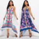 Boho Halter Low Back High Low Floral Printed Blue Bohemian Casual Dress