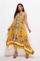 Boho Halter Low Back High Low Floral Printed Yellow Bohemian Casual Dress